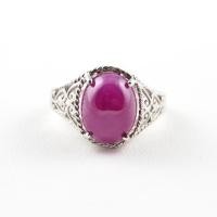 ราคา SALE! แหวนเงินฝังพลอยทับทิมแท้ รูปไข่ หลังเบี้ย 10.14 ct กินบ่เซี้ยง ตัวเรือนฉลุลายไทย ชุบทองคำขาว (4205107591)