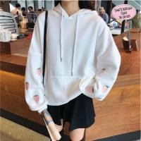 ราคา [พร้อมส่ง] เสื้อแขนยาวมีฮู้ด แต่งแขนสตรอเบอรี่ สเวตเตอร์มีฮู้ด สเวตเตอร์สไตล์เกาหลี (3464810229)