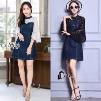 ราคา เดรสยีนส์ แต่งลูกไม้ ส่งฟรี (1141385068)