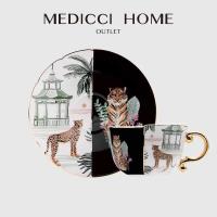ราคา Medicci Home Oriental สไตล์ไม่สม่ําเสมอและจานรอง Tiger Pagoda พิมพ์ Retro สีดําเซรามิคชากาแฟถ้วย Trim (41722941553)