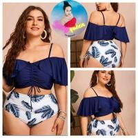 ราคา ชุดว่ายน้ำสาวอวบ ชุดว่ายน้ำสาวไซส์ใหญ่ ชุดว่ายน้ำคนอ้วน ขาวน้ำเงิน ลายขนนก (1XL-4XL) (17625806390)