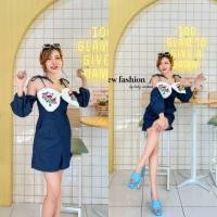 ราคา 4XL ❤️ จั้มสูทขาสั้น ผ้ายีนส์งานป้าย New Fashion แต่งโบว์ที่อก ผูกโบว์ที่ไหล่ ปรับความยาวชุดได้ (22918789076)