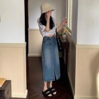 ราคา กระโปรงยีนส์ฟอกตกแต่งผ่าหน้า กระโปรงทรงกลางผ้ายีนส์ไม่ยืด กระโปรงยีนส์ยาวพร้อมส่ง (26520114624)