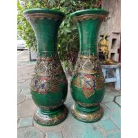 ราคา แจกันไม้ ไม้จามจุรี สีเขียวทำเก่า ลายดอกไม้ กว้าง 10 นิ้ว สูง 22 นิ้ว เดินเส้นรมดำ ประดับกระจกหลากสี (16199114111)