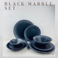 ราคา Black marble set ชุดเข้าเซ็ท จานชามสีดำขอบละอองขาว เลียนแบบหินอ่อนลายจุด (19793691570)