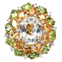 ราคา แหวนพลอยแท้ โทปาส สีขาว 14 x 18 mm. ล้อม ซิทริน เพอริดอท เพทาย เงินแท้ 925 ชุบทอง 18K ไซร์แหวน 9 (28317873795)