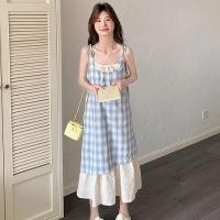 ราคา เดรสสายเดี่ยวยาว ลายตาราง ดีเทลชายแต่งระบาย 2 ชั้นปักลูกไม้ มีซับในผ้า สไตล์สาวเกาหลี เนื้อผ้าซาติน ใส่สบาย (43909267278)