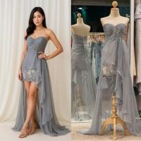 ราคา ชุดราตรีสั้นหรู PF022 ชุดราตรีเกาะอกหน้าสั้นหลังยาว พร้อมส่ง สวยหรูกับดีเทลลูกไม้ (17498610735)