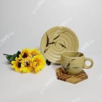 ราคา แก้วน้ำชา-กาแฟญี่ปุ่นพร้อมจานรอง แก้วเซรามิค ลายใบไม้โบราณ#ญี่ปุ่นมือสอง (4693301318)