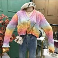 ราคา เสื้อครอปไหมพรม คาร์ดิแกน ทรงสั้น สีรุ้ง เรนโบว์ โทนพาสเทล (5663371216)