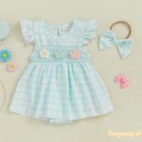 ราคา Tommy Baby - Romper Jumpsuit สำหรับเด็กทารก สไตล์ casual ลายสก๊อตและดอกไม้ พิมพ์ Fly Sleeve พร้อมแถบคาดศีรษะ (43108465023)