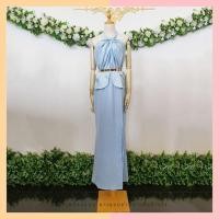 ราคา ชุดราตรี ชุดออกงาน ชุดไปงานแต่งงานสีฟ้า เดรสยาวออกงานคล้องคอผูกโบว์ เอวระบาย ลุคเรียบหรูดูดี (4951493287)