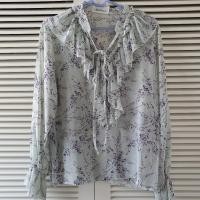 ราคา (มือสอง)เสื้อชีฟองสีเขียวอ่อนแขนยาวพิมพ์ลายสีม่วง (22134928643)
