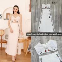 ราคา งานป้าย Twins shop เซต2ชิ้น เสื้อครอปสายเดี่ยวอกแต่งโบว์ผูกปักดอกไม้ กระโปรงยาวปักลายทรงสวย (27735629191)