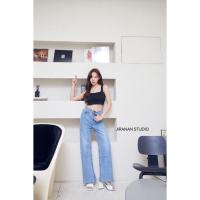 ราคา 6820 Jiranan กางเกงยีนส์ทรงกระบอก ผ้าไม่ยืด เอวสูงรุ่นนี้เหนือสะดือ ปลายขาปล่อยรุ่ย (16581878912)