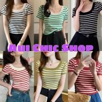 ราคา เสื้อยืดไหมพรมแขนสั้นลายริ้ว ทรงครอป คอเหลี่ยม A960023 (22314879497)