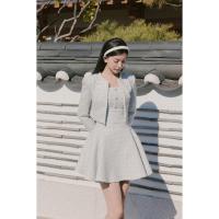 ราคา เสื้อคลุมราตรีผ้าทวิตสีฟ้าลูกไม้สีขาวและโบว์ & ชุดราตรีทวีดสีฟ้าบานสั้นอกลูกไม้ (28318789350)