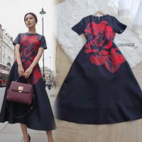 ราคา เดรสดำลายดอกไม้!!! S-5XL Maxi Dress เดรสสาวอวบ,เดรสสีดำแขนสั้นพิมพ์ลายกุหลาบแดง งานป้าย Orange Juice (42922744423)