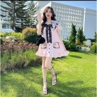 ราคา BLT BRAND มินิเดรสทรงปล่อย งานกระดุมหน้า พิมพ์ลายแมว ชุเที่ยว คาเฟ่ (26375063791)