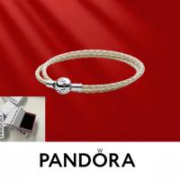 ราคา เครื่องประดับเงินแท้ Pandora ส925 สร้อยข้อมือหนังทอสองเส้น สไตล์ช่วงเวลา สีขาวงาช้าง (56401490087)