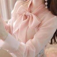 ราคา ☌2023 เสื้อเชิ้ตชีฟองผู้หญิง โบว์หวาน แขนยาว สไตล์สีชมพู เรียบหรู (11850086135)