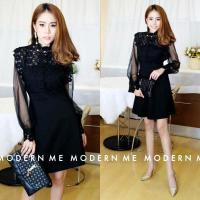 ราคา เดรสลูกไม้แขนผ้ามุ้งซีทรู สีดำ (5745296072)