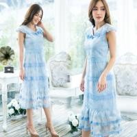 ราคา เดรสฟ้ารับวันแม่!!! M-L Dress เดรสสีฟ้าคอปกแขนกุดผ้าปักลูกไม้ งานป้าย Love love (7244545293)