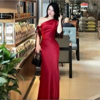 ราคา ม684 ชุดปาร์ตี้ผ้าไหมปิดไหล่พร้อมโบว์ผ้าไหมเกาหลีปิดไหล่, ชุดผ้าไหมปิดไหล่ผูกชุดแต่งงาน (40719884161)