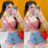 ราคา กางเกงยีนส์เอวสูง แต่งลูกไม้สีแดง ตัดลายสก็อตเป็นชั้นๆ ร้อยเชือกด้านข้างสุดน่ารัก ป้าย wshop (25119413836)