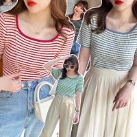 ราคา mimi&didi*พร้อมส่ง*เสื้อครอปไหมพรมผู้หญิง คอเหลี่ยม แฟชั่น ประเภทหลวม ลายทาง คอปกต่ำ สไตล์เกาหลี#821 (23578718041)