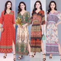 ราคา [BAHANMEI] แมกซี่เดรสยาว ลายโบโฮ ยิปซี ทรงทิ้งตัว กระโปรงระบาย แหวกด้านข้างมาถึงเข่า คอวี แขนเสื้อสามส่วนพลิ้วตรงปลายแขน (3105288849)