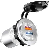 ราคา BlueFire Upgraded Aluminum Alloy Fast Charging 3.0 USB Charger Socket IP66 Waterproof Dual USB Power Outlet with QC 3.0 & 5V 2.4A Port Led Light for Car Boat Marine RV Motorcycle (Silver) (54852090472