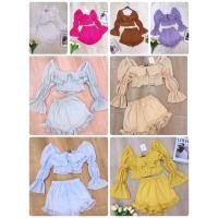 ราคา พร้อมส่งจากไทย ชุดเซต สุดน่ารัก เสื้อคอปก ระบายแขนยาวจั๊มแขน เนื้อผ้ามีลายในตัว+ขาสั้น เเต่งระบายมีซับในงานป้าย (15444767865)