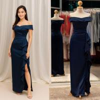 ราคา ชุดไปงานแต่งคนอ้วน ชุดราตรีคนอวบสวยๆ แบบมีแขน เปิดไหล่ เรียบหรูดูแพง พร้อมส่ง PFL159 สีน้ำเงินกรม (23757538733)