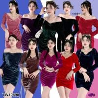 ราคา ME10898 Dress เดรสกำมะหยี่แขนยาว จับจีบเว้าอก แต่งชายกระโปรงไขว้ เนื้อผ้ากำมะหยี่ ซิปหลังยาว งานเดรสกำมะหยี่ (26660063545)