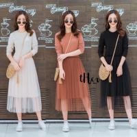 ราคา เดรสผ้ายืดคอกลมตัวยาวทรงสวย แต่งระบาย2 ชั้น ผ้ามุ้งชายระบาย thershop (3501488832)