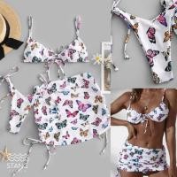 ราคา ชุดว่ายน้ำ 3 ชิ้น ลายผีเสื้อสีชมพู บิกินี่+กระโปรง พร้อมส่งในไทย (15148470182)