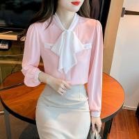 ราคา เสื้อชีฟองสีชมพูแขนยาวแบบโบว์ สไตล์ชาแนล สำหรับผู้หญิงในฤดูใบไม้ร่วง (48002417345)