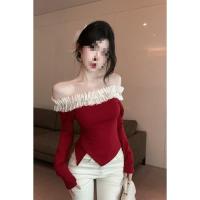 ราคา เสื้อสีแดง เสื้อสาวอวบ เสื้อยืดลายคริสต์มาสแบบชาแนล สีแดงแขนยาว ไหล่เดียว สำหรับฤดูหนาว (41877007910)