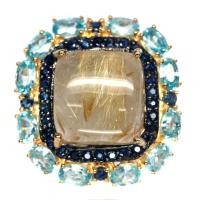 ราคา เเหวนพลอยแท้ ไหมทอง 16 x 16 mm. ล้อม ไพลินน้ำเงิน เพทาย เงินแท้ 925 ชุบทอง 18K ไซร์แหวน 8.75 (26914340344)