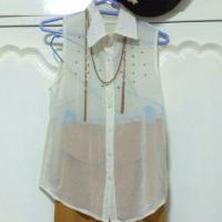 ราคา เสื้อคอปก แขนกุด ผ้าชีฟอง สีขาว (36366673)
