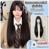 ราคา วิกผมผู้หญิง วิกผมตรงสไลด์เลเยอร์ สีน้ำตาลเข้ม มีหน้าม้า (ยาว 75 cm) แถมฟรีเน็ตผม พร้อมส่งเร็ว (29639144524)