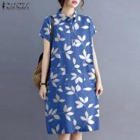 ราคา ชุดเดรส ลายใบไม้สีฟ้าขาว เดรส ZANZEA คอปก Size M (มือสอง) (27401759500)