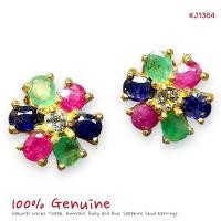 ราคา KJ1364 ต่างหูพลอยรวม ทับทิมมรกตไพลิน ไวท์โทปาส ทรงดอกไม้ 5-6 กะรัต แป้นเสียบติดหู (44159392170)