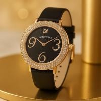 ราคา นาฬิกา Swarovski Crystal Frost Black Dial Black Leather Strap For Women (40608607560)