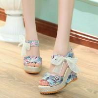 ราคา Fashion STYLEZ รองเท้าส้นเตารีดริบบิ้นลูกไม้ผู้หญิง (23069198481)