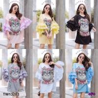 ราคา JK13283 มินิเดรสแขนระบาย2ชั้นสกรีนลายแมว (6266605459)