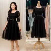 ราคา ชุดราตรีสั้นมีแขน ชุดแซก ชุดราตรีสีดำ แขนยาวเรียบหรูเหมาะใส่ออกงานกลางคืน งานคอกเทล กระโปรงบาน BB004-BLK (18855634321)