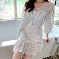 ราคา งานเดรส นางเงือกเปลือกหอย สีขาวฟ้า ลายดาว น่ารักมากกก (7758535938)