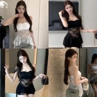 ราคา Maryเสื้อเกาะอก มีฟองน้ำ ปาดไหล่ ดีเทลซีทรู เข้ารูป ลายลูกไม้แต่งสายปลายปล่อย ใส่ไปทะเล สไตล์เกาหลี แฟชั้น#FY688 (27532124800)